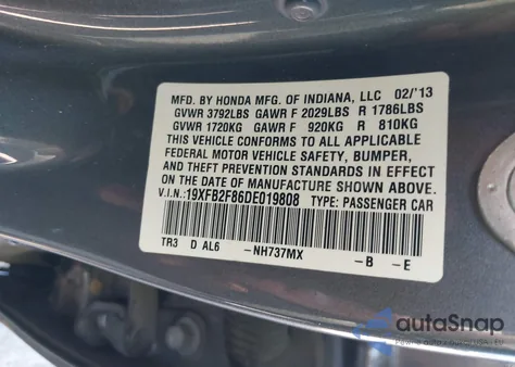 2013 Honda Civic Ex из США, поврежденный, VIN 19XFB2F86DE019808